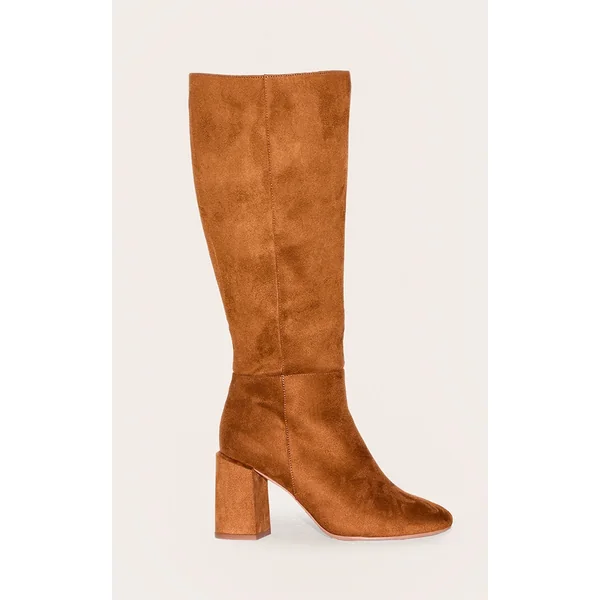 Tan Faux Suede Wide Fit Round Toe Block Heel Knee High Boots