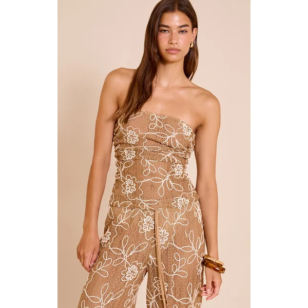 Tan Floral Crochet Bandeau Ruched Top