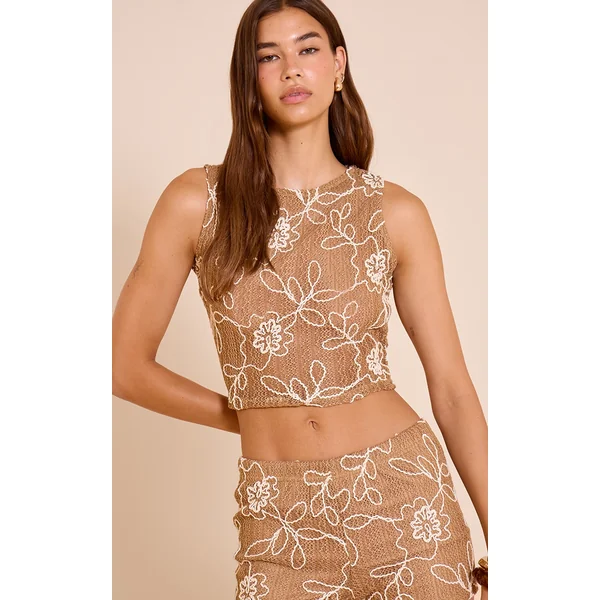 Tan Floral Crochet Sleeveless Cami Top