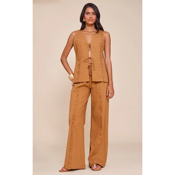 Tan Linen Look Wide Leg Drawstring Pants