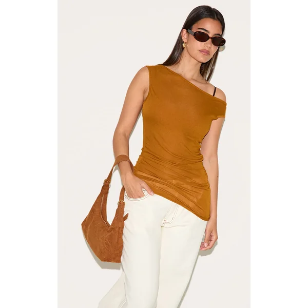 Tan Sheer Soft Touch Cowl Neck Long Vest Top