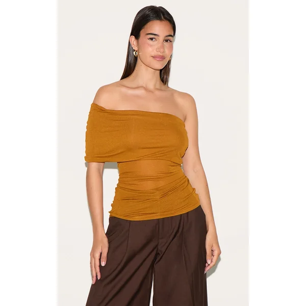 Tan Sheer Soft Touch Fold Over Detail One Shoulder Long Top