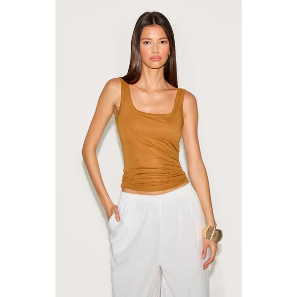 Tan Sheer Soft Touch Scoop Neck Long Vest Top