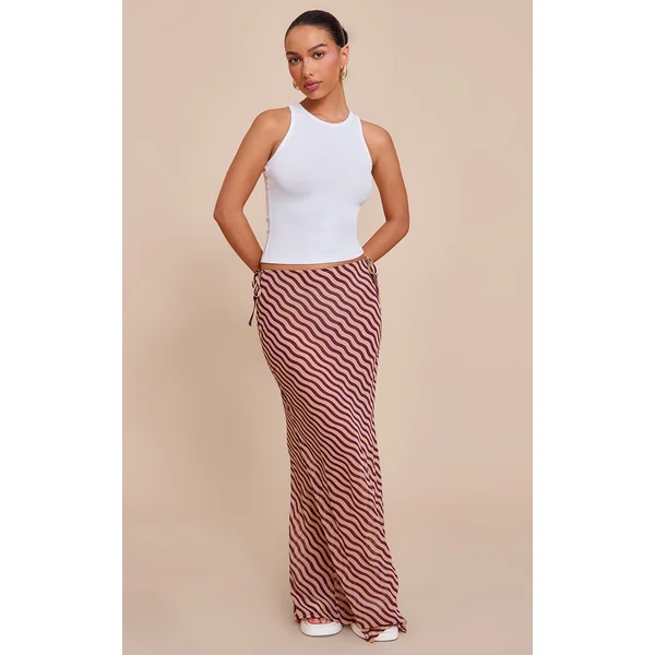 Tan Striped Print Sheer Low Rise Maxi Skirt