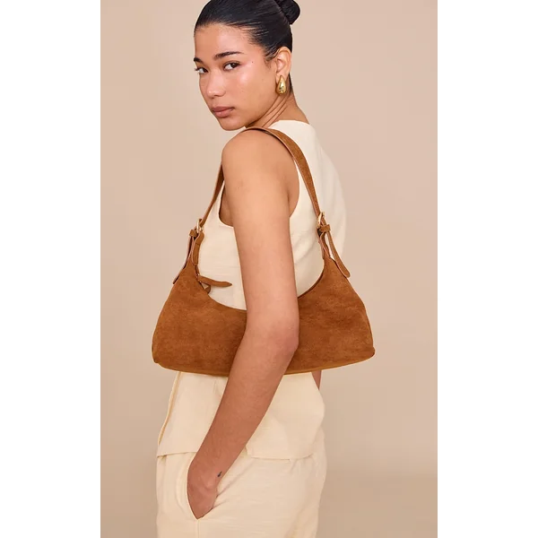 Tan Suede Elongated Curved Shoulder Bag