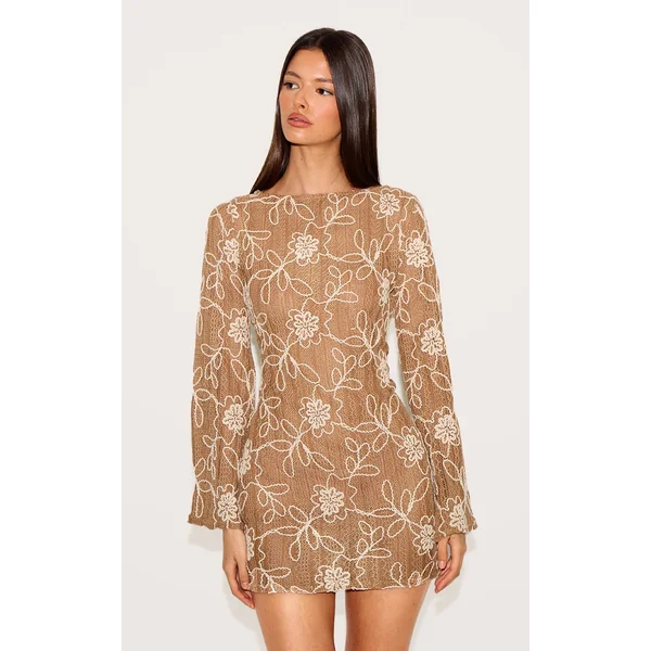 Tan Textured Floral Long Sleeve Shift Dress