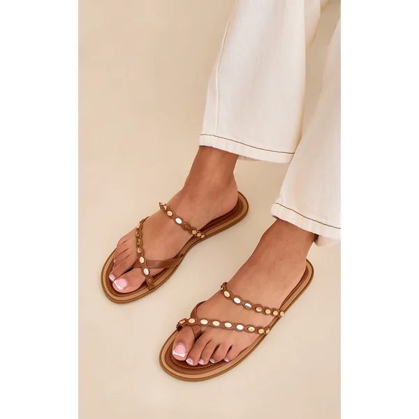 Tan Toe Thong Gold Hardware Sandals