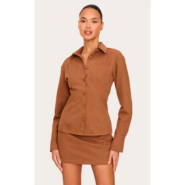 Tan Twill Button Up Cinched Waist Shirt