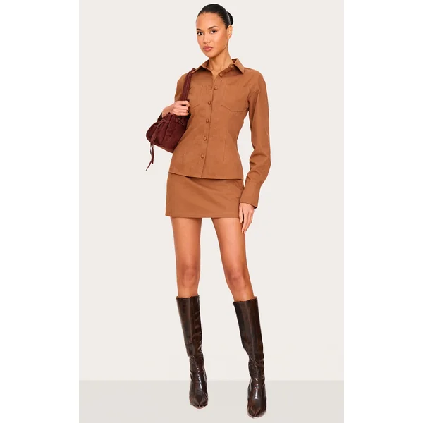 Tan Twill Mid Rise Mini Skirt