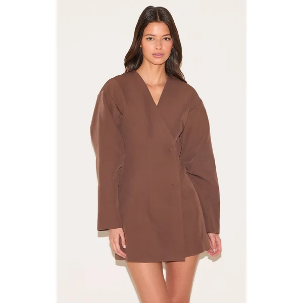 Tan Woven Balloon Sleeve Blazer Dress