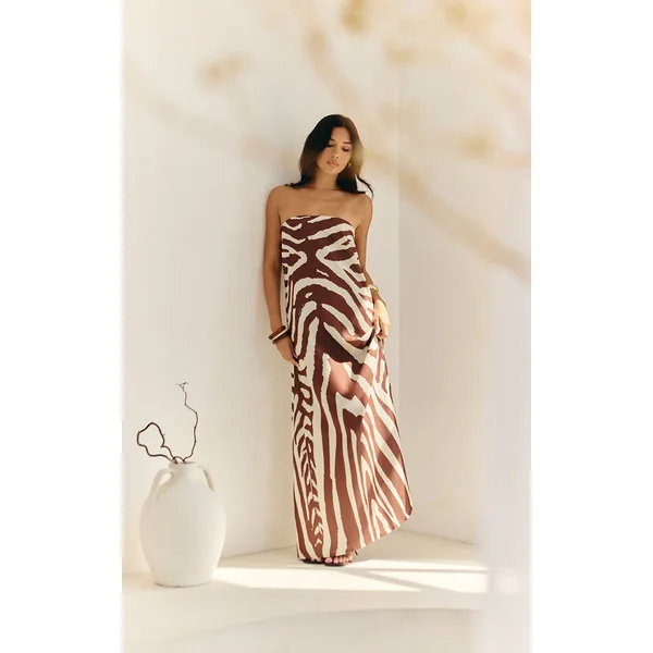 Tan Zebra Abstract Print Woven Bandeau Maxi Dress