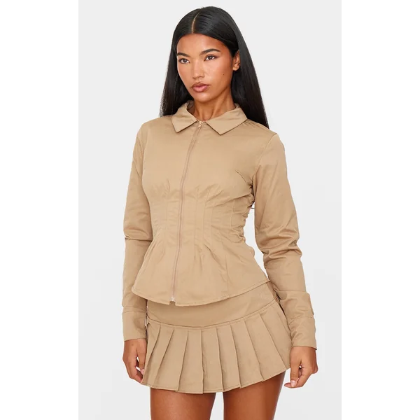 Tan Zip Front Fitted Long Sleeve Jacket