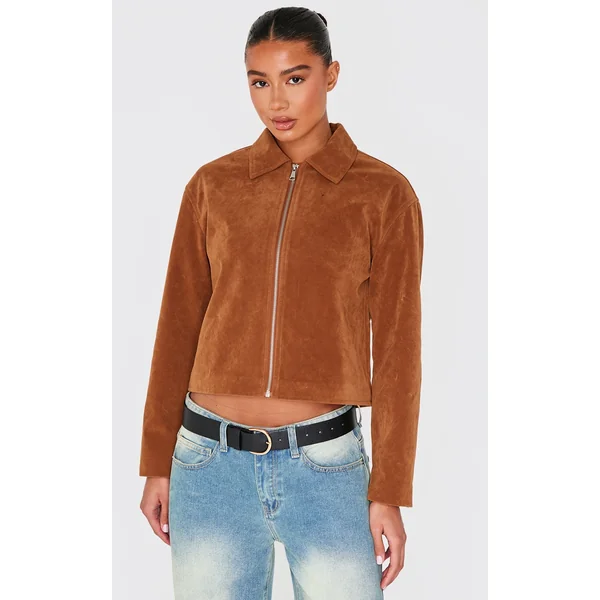 Tan Zip Up Faux Suede Jacket