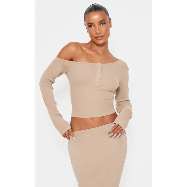 Taupe Asymmetric Neck Rib Long Sleeve Top