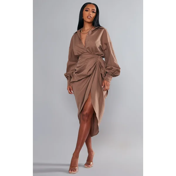 Taupe Balloon Sleeve Gathered Skirt Midi Shirt Dress