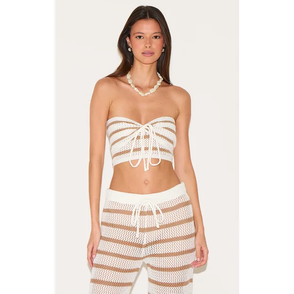 Taupe Bandeau Crochet Stripe Knit Top