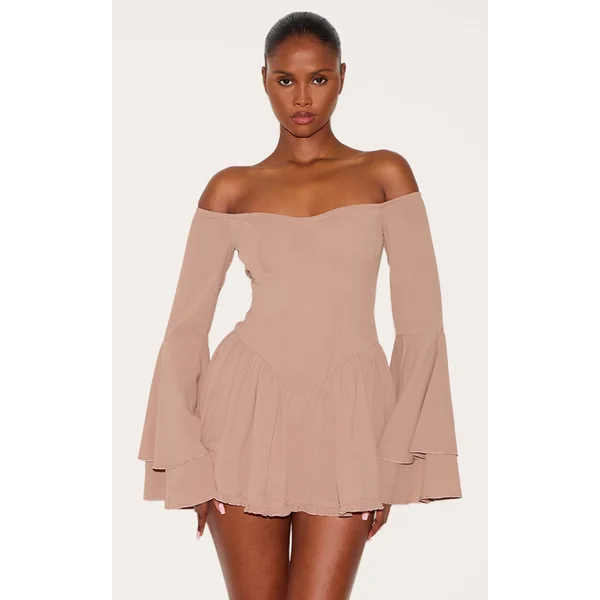 Taupe Bardot Flare Sleeve Romper