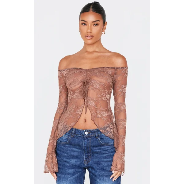 Taupe Bardot Lace Detail Flared Sleeve Long Top