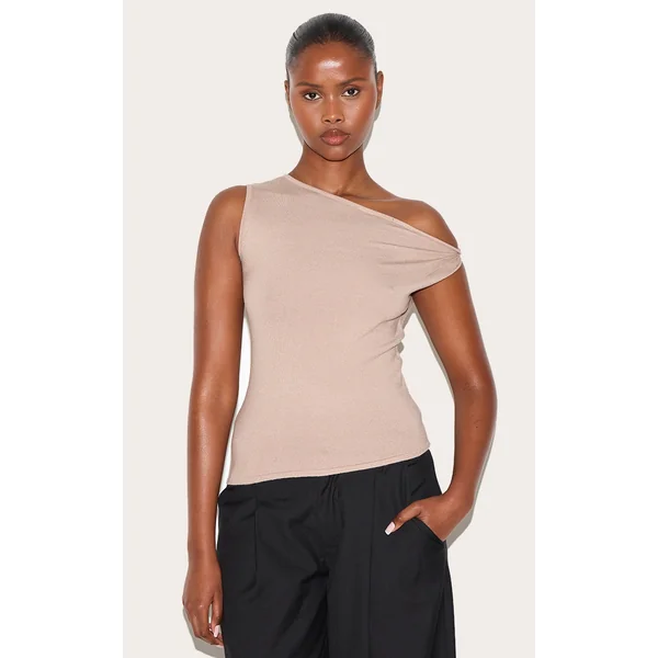 Taupe Basic Knit Asymmetric Hem Twist Sleeve Vest Top