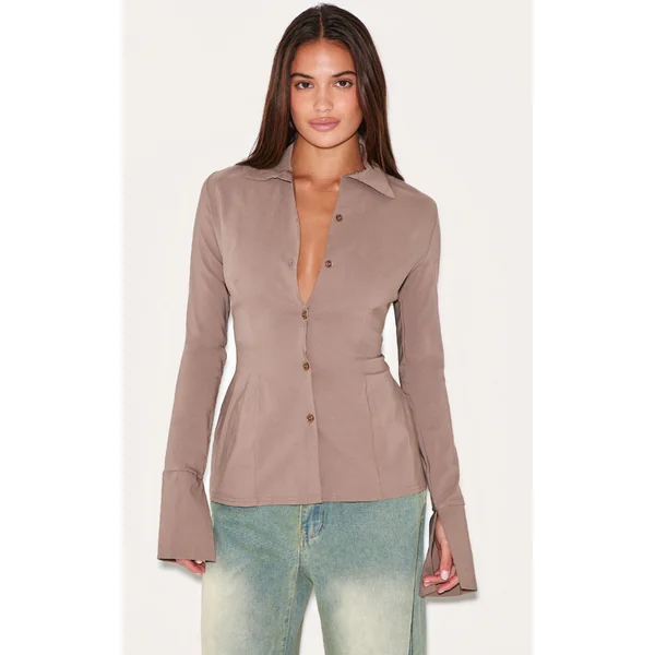 Taupe Bengaline Cinched Waist Detail Long Sleeve Shirt