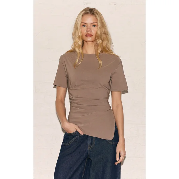 Taupe Bengaline Ruched Asymmetric Detail Long Top