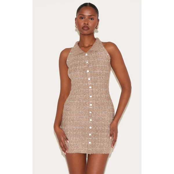 Taupe Boucle Knit Button Through Collar Detal Mini Dress