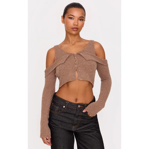 Taupe Boucle Knit Cold Shoulder Button Up Top