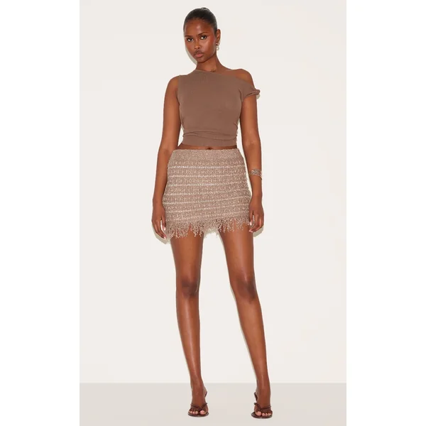 Taupe Boucle Knit Tassel Hem Mini Skirt