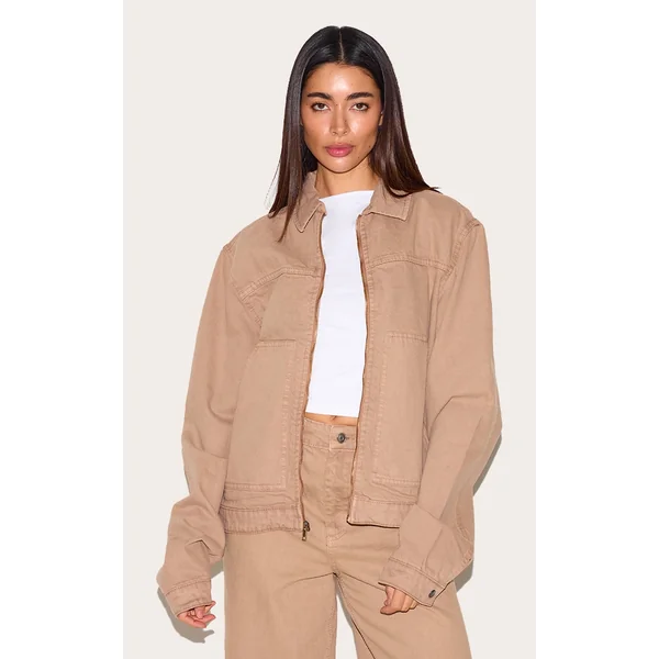 Taupe Boxy Contrast Seam Carpenter Denim Jacket