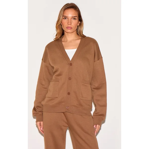 Taupe Button Front Pocket Sweat Cardigan