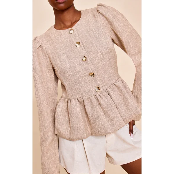 Taupe Button Up Peplum Balloon Sleeve Jacket