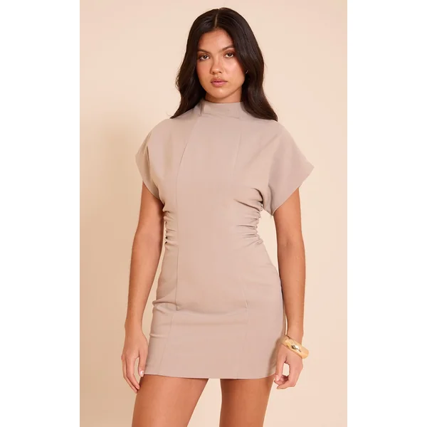 Taupe Cape Sleeve Ruched Detail Mini Dress