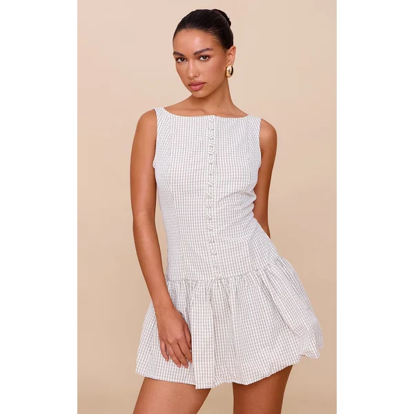 Taupe Checked Scoop Back Button Down Shift Dress