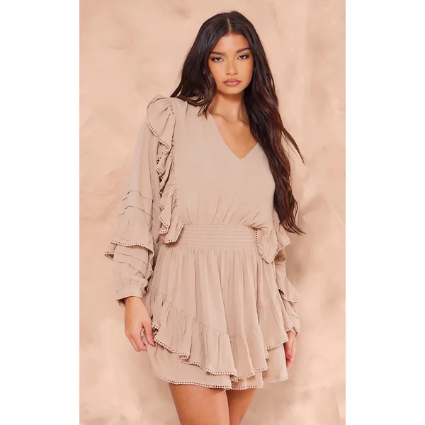 Taupe Cheesecloth Plunge Tiered Long Sleeve Shift Dress