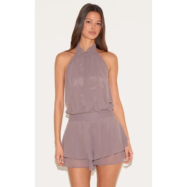 Taupe Chiffon High Neck Drop Waist Romper