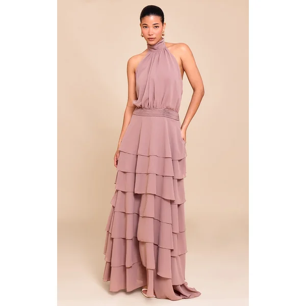 Taupe Chiffon Tiered Maxi Dress