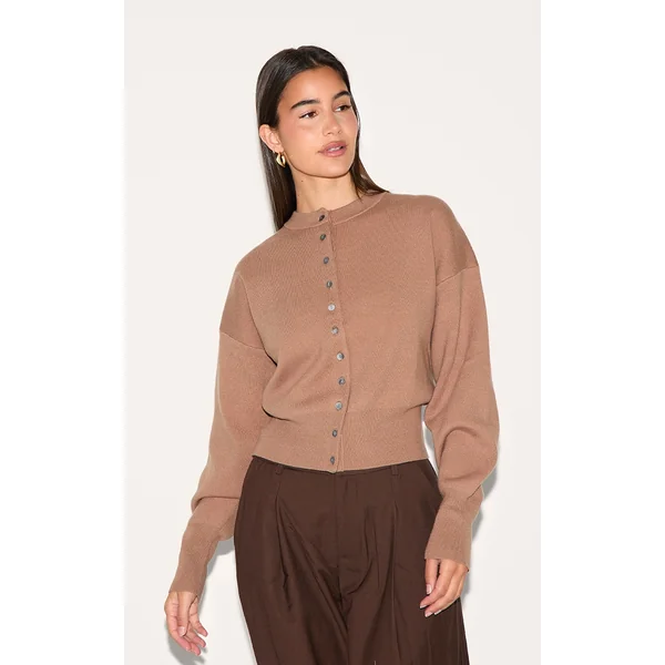 Taupe Compact Knit Button Through Cardigan