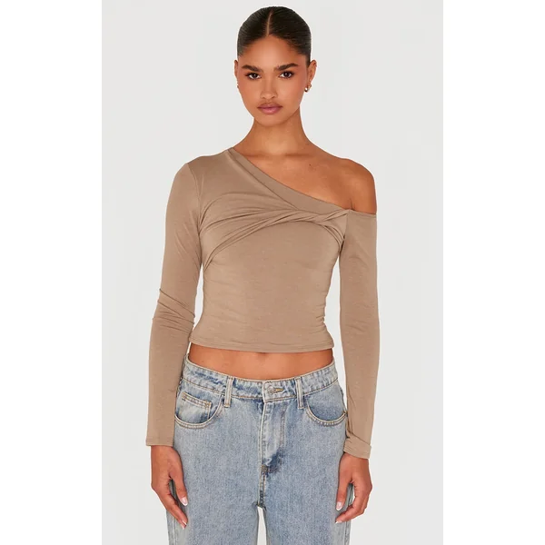 Taupe Contour Jersey Asymmetric Twist Detail Long Sleeve Top