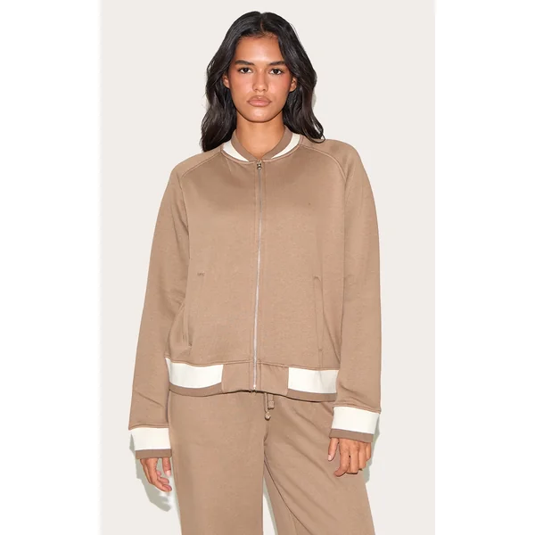 Taupe Contrast Seam Sweat Bomber Jacket