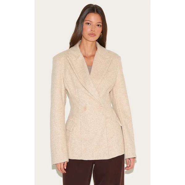Taupe Double Breasted Asymmetric Wool Look Blazer