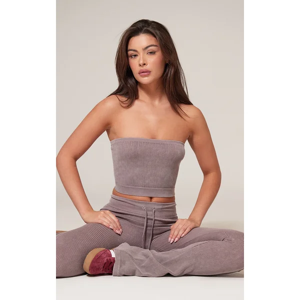 Taupe Faded Snatched Rib Bandeau Crop Top