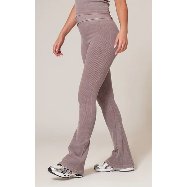 Taupe Faded Snatched Rib Flared Folded Waist Pants