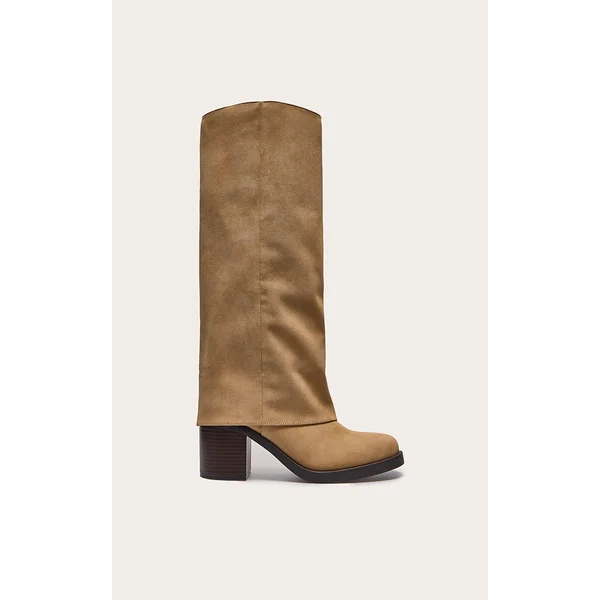 Taupe Faux Nubuck Round Toe Fold Over Low Block Heel Boots