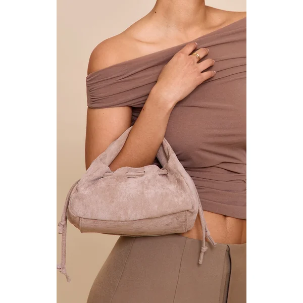 Taupe Faux Suede Drawstring Mini Bag