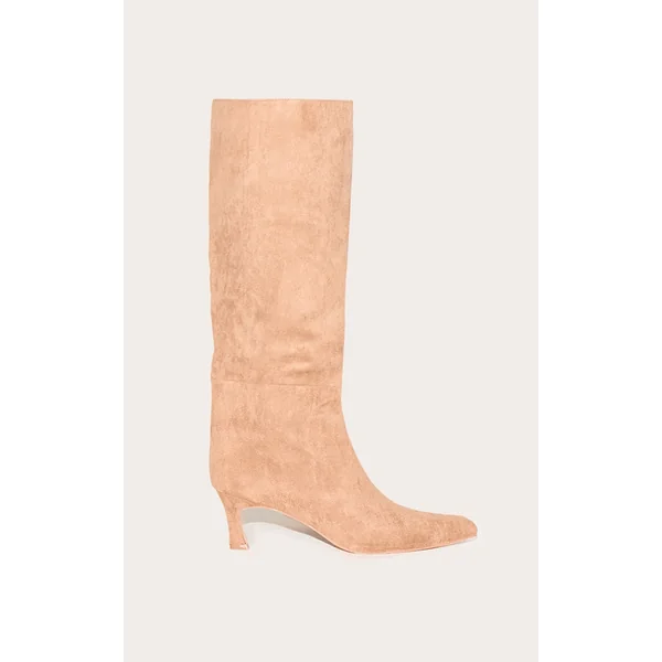 Taupe Faux Suede Point Toe Mid Heeled Knee High Boots