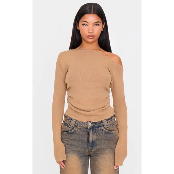 Taupe Fine Knit Asymmetric Top