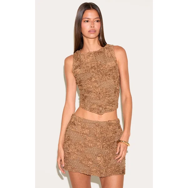 Taupe Floral Boucle Button Up Vest