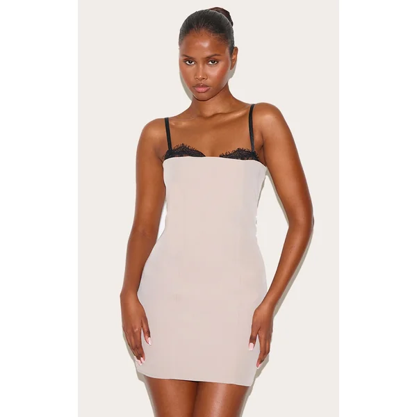 Taupe Lace Bust Detail Woven Bodycon Dress