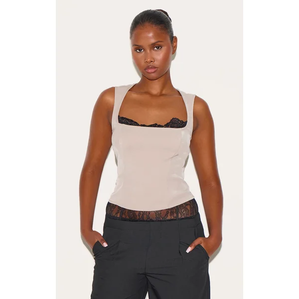 Taupe Lace Detail Square Neck Woven Top