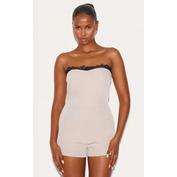 Taupe Lace Detail Woven Bandeau Romper